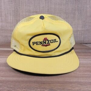 Vintage Pennzoil Mesh Trucker Hat Yellow Snapback USA Made Racing Cap Oil Gas